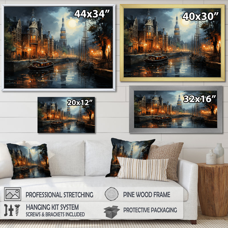 «Danemark Amsterdam Canal at Night I», reproduction sur toile, H 16 po x l 32 po x P 1 po, Toile tendue