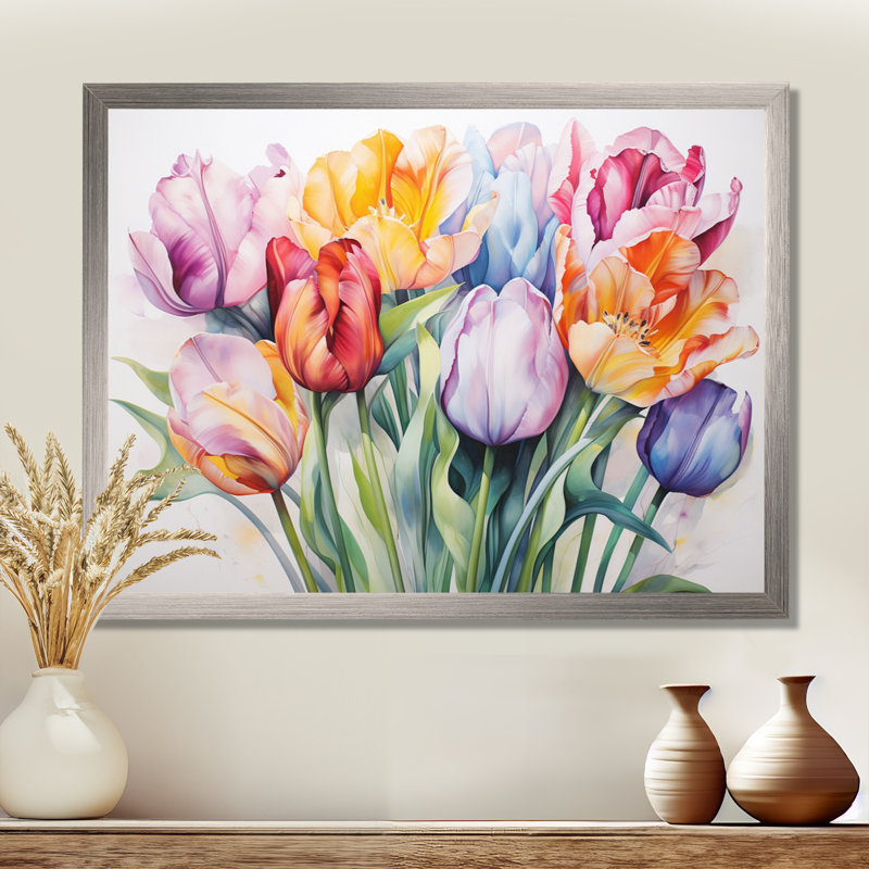 Collage de tulipes multicolores peintes - tulipes, Cadre simple argenté, H 24 po x l 32 po x P 1 po