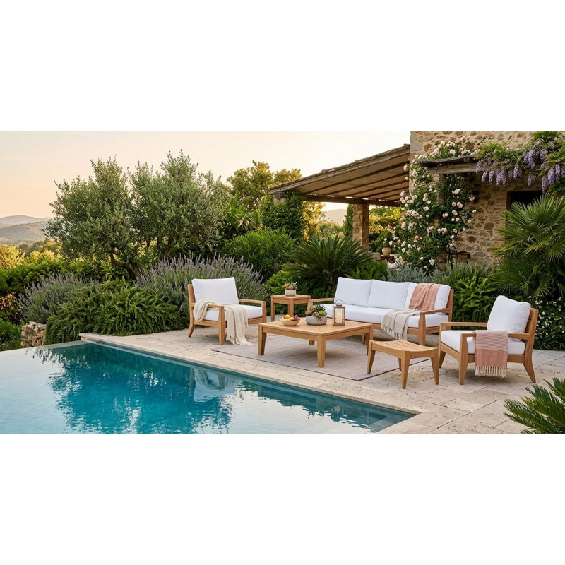 Noida Outdoor 6 - Piece Teak Conversation Set, 6 Pcs: Table, Sofa, x2 Chairs, End Table, Ottoman