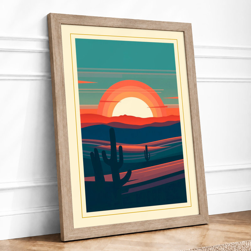 Sunset Over Water Mid-Century - Framed Print, A4 - 29.7 x 21.0 cm, Oak
