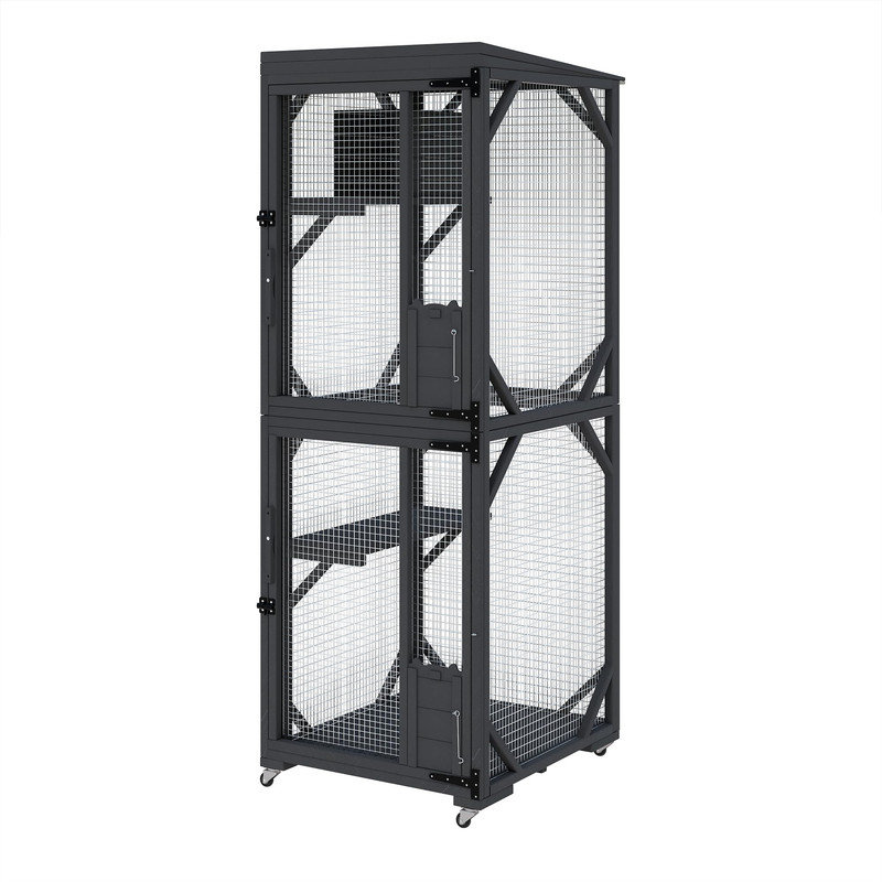 Enceinte roulante d'extérieur pour chat avec tunnel de fenêtre, cadre en bois résistant aux intempéries et très grand espace de jeu pour le patio