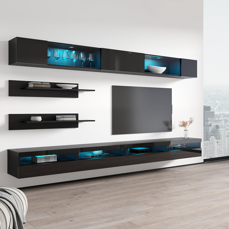 Bergenia 126" Modern Floating Wall Mounted Entertainment Center with 16-Color LED Lighting, High Gloss Finish, Black