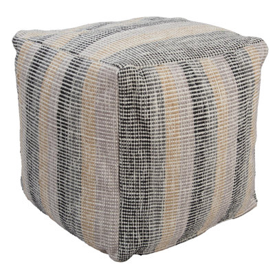 18" Beige Black and Gray Cotton Blend Striped Cube Pouf Ottoman