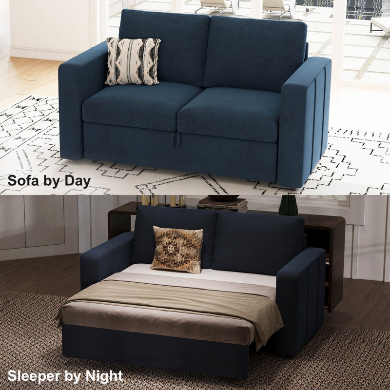 Rafael 2 Seats Fabric Sectional Pull Out Sofa Memory Foam Mudular Sofa For Living Room, Blue Velvet