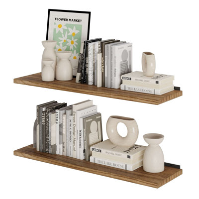 36 Inch Long Floating Bookshelf For Living Room, Hanging Shelves For Wall, Rustic & Boho Decor, Wooden Shelves, 10" Deep, 2 Pcs, Burnt