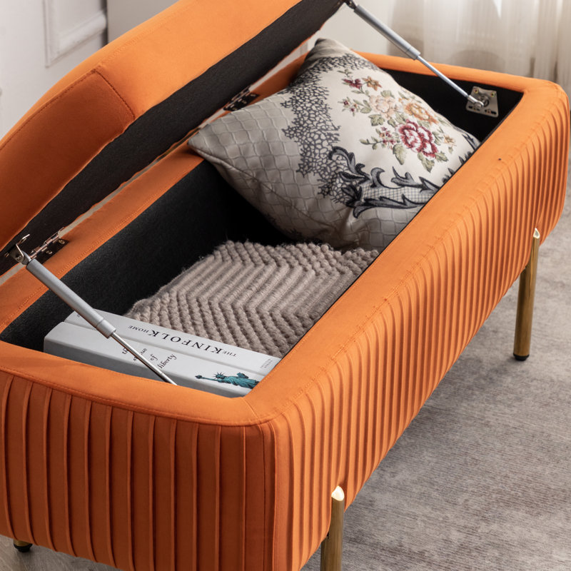 Banc de rangement rembourré en velours Miajah, Orange