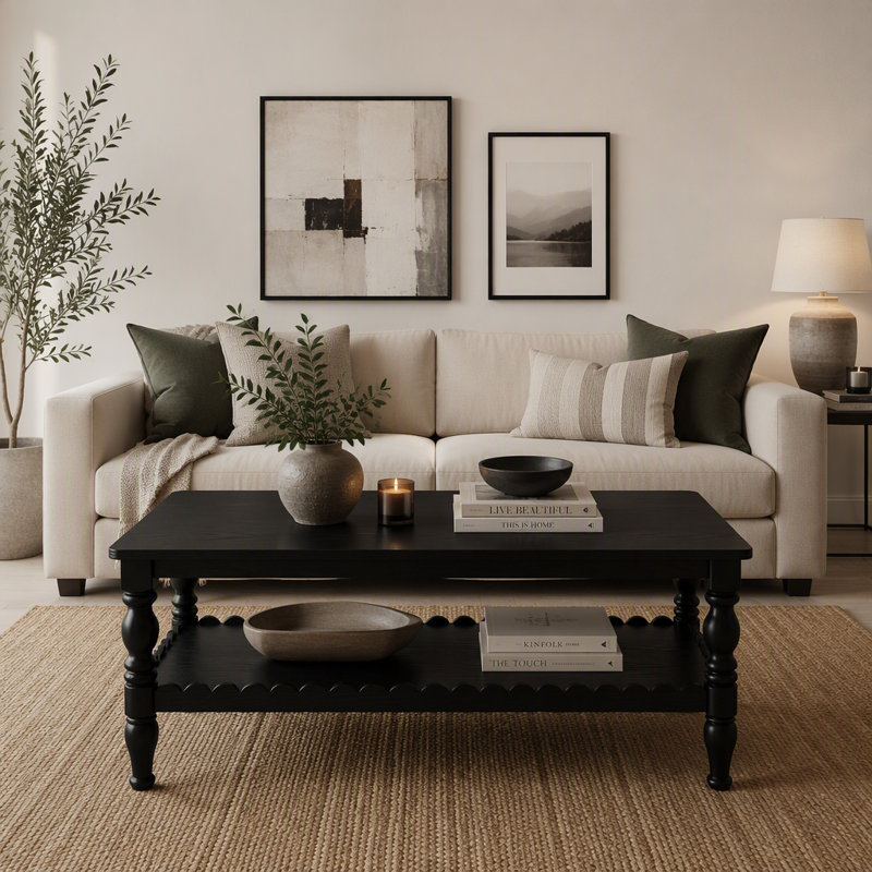 Table basse 43,3 "en bois massif noir avec tablettes