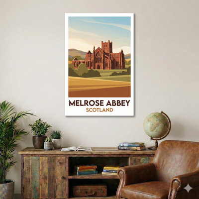 Melrose Abbey, Scotland - Romantic Travel Poster Of Historic Abbey In The Scottish Borders. Giclee Print On Wrapped Canvas. Wall Art, Home Decor - Religious & Cultural Sites, Scotland - Wrapped Canvas Print
