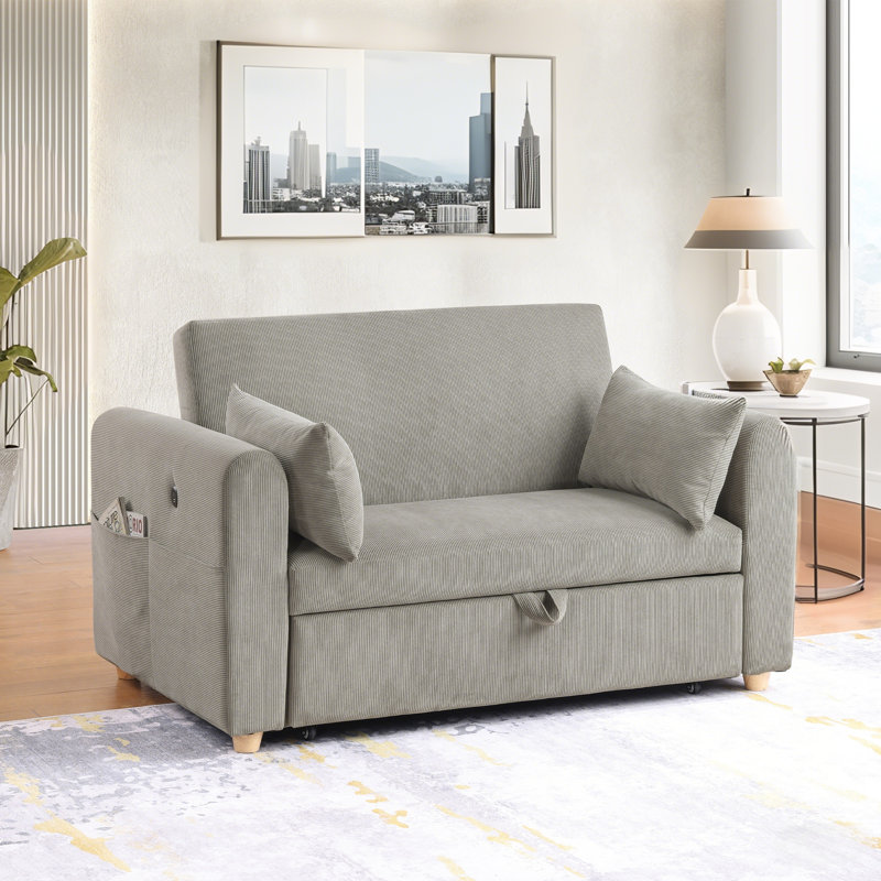 Luelle 57"W Corduroy Convertible Sleeper Loveseat With Cupholders, USB Ports, Magazine Pockets, Pillows, Tufting, Gray
