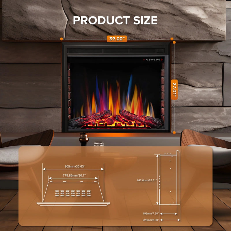 Insert Electric Heater With Touch Screen, Colorful Flame & Timer Control, 750W-1500W And Classic Black