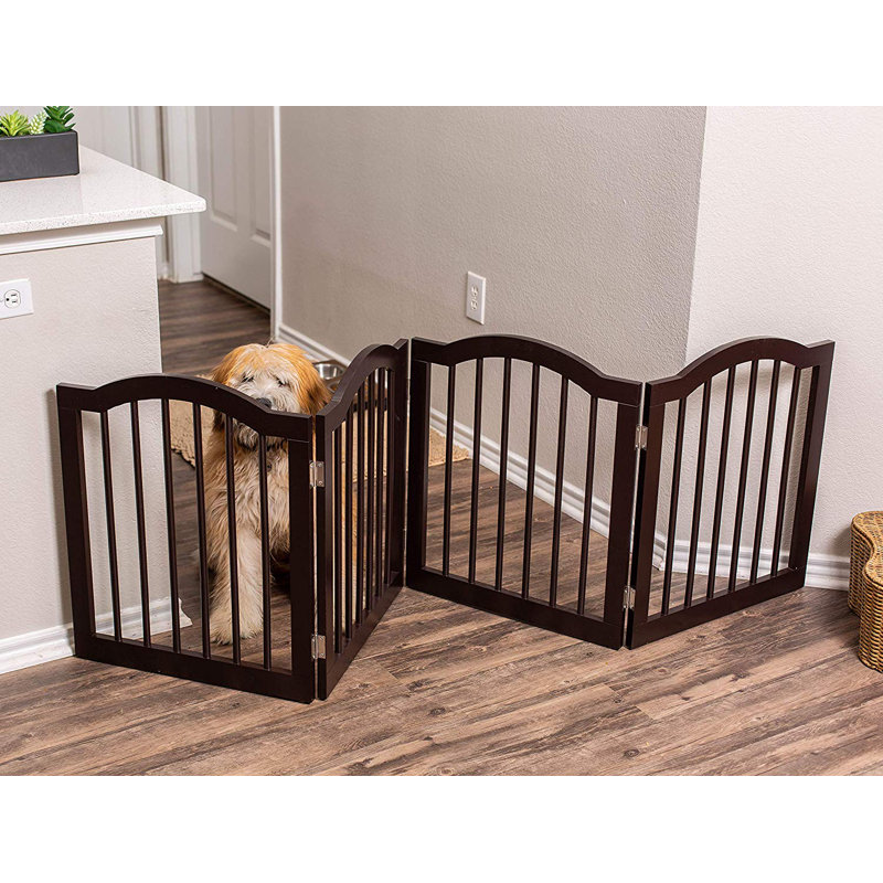 Barrière autoportante en bois pour chien - Clôture intérieure pliable pour animaux 4 panneaux - Barrière arquée pour animaux de 24 po de hauteur pour les escaliers, les couloirs, les portes et le porche - Barrière pour petits chiens et chiots (espresso)
