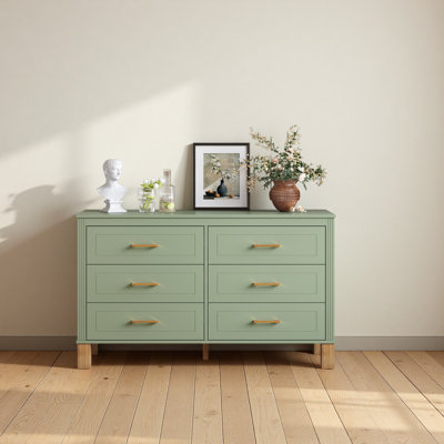 Commode double à 6 tiroirs, armoire de rangement moderne avec poignées en métal et pieds en bois massif, organisateur de tiroir pour chambre d'enfant, commode en bois robuste avec préinstallé