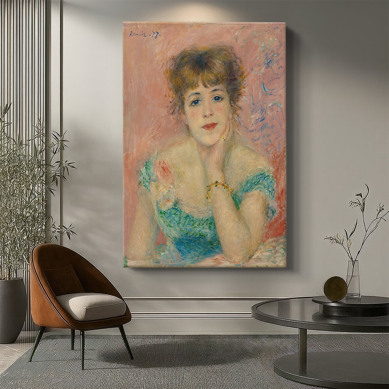 Portrait de l'actrice Jeanne Samary - Toile tendue avec châssis par Pierre-Auguste Renoir, 40 po x 60 po