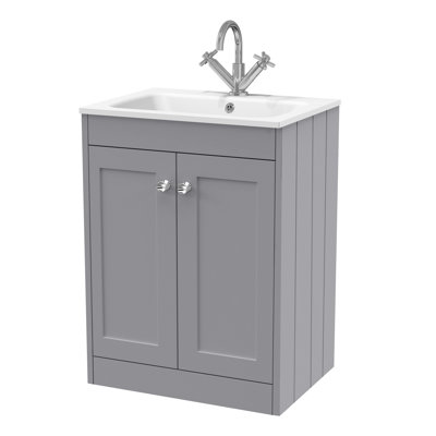 Old London Ashwick Satin Grey 600mm Floorstanding 2-Door Unit With Stone Basin 1 Tap Hole