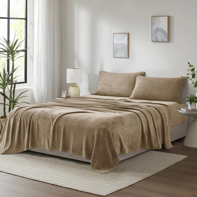 Très grand drap 4 pièces taupe - 100% doux et confortable brossé des deux côtés avec des draps-housses plats 2 taies d'oreiller en velours lavable à la machine