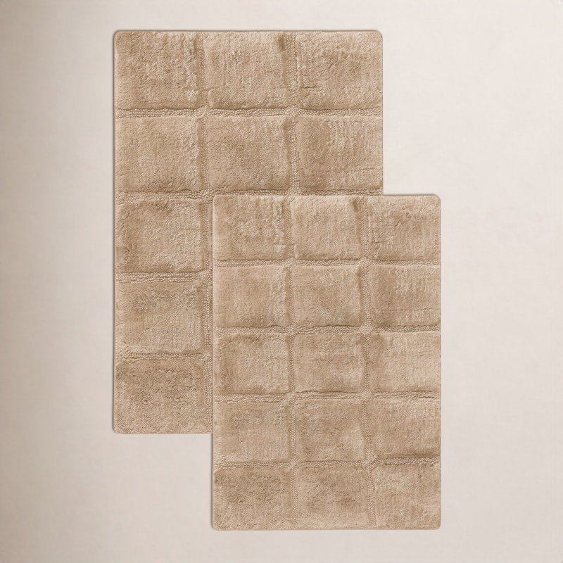 Sandcliff Checkered Cotton Non-Skid Machine Washable 2 Piece Bathroom Rug Set, Checkers Taupe