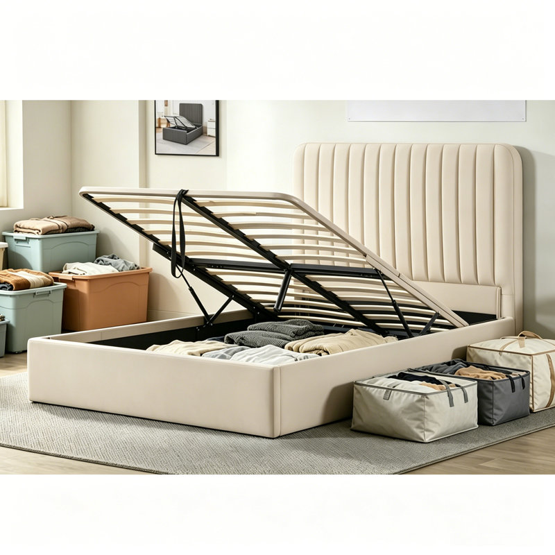 Upholstered Ottoman Storage Bed, Beige, Double (4'6)