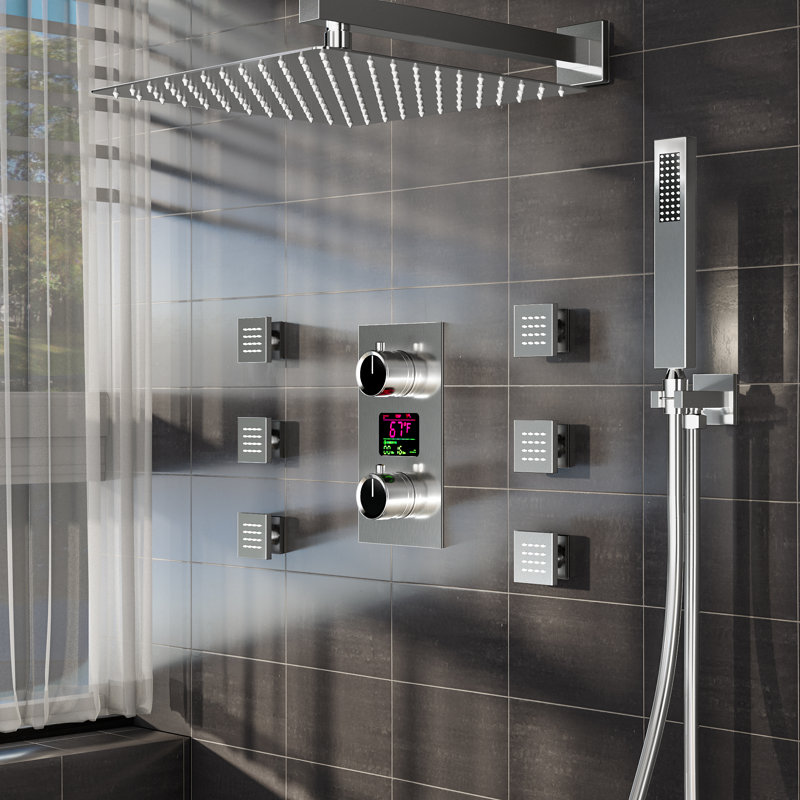 Système de douche mural numérique, pomme de douche à pluie haute pression 12 "avec douche à main, Nickel brossé