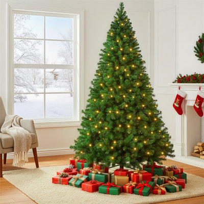 Premium Artificial Hinged Classic Spruce Christmas Tree With Pre-Lit Warm Lights And Foldable Stand, Choice For Xmas Decoration