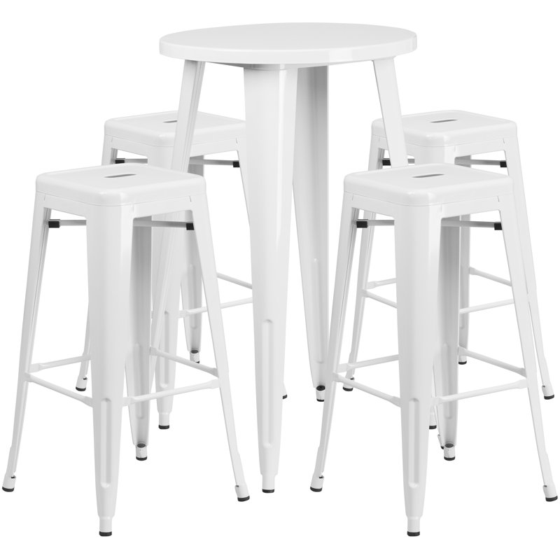 Colbert 30'' Round Metal Indoor-Outdoor Bar Table Set with 4 Square Seat Backless Stools, White, 41" H x 30" W x 30" L