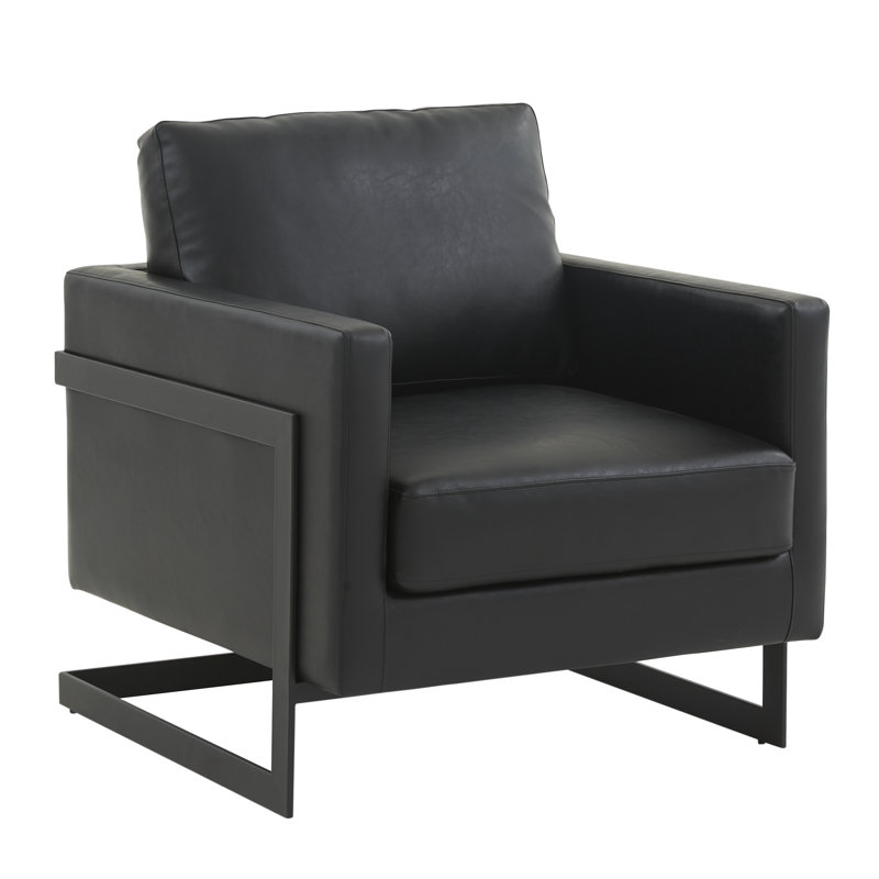 Lincoln Modern Leather Accent Chair with Stainless Steel Base – Contemporary Boxy Armchair, Single Seater Side Chair for Living Room, Bedroom, Office & Lounge