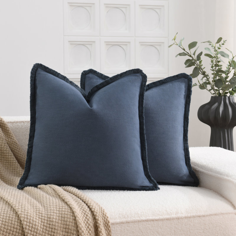 Housse de coussin en lin délavé texturé Boho Farmhouse, Bleu, Carré 20 po
