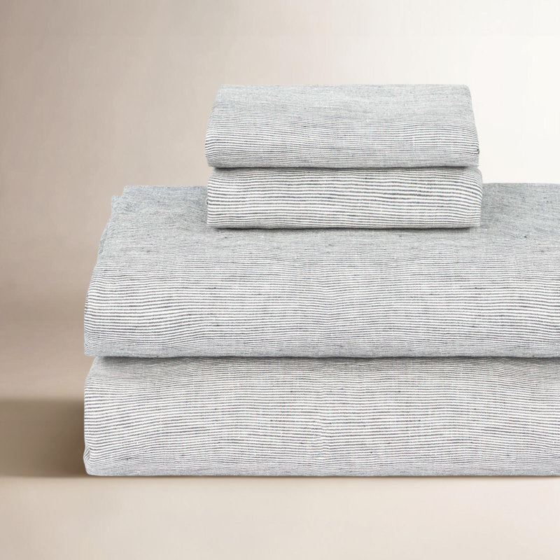 100% French Linen Sheet Set, Shadow Pinstripe, Twin Sheet Set with 1 Pillowcase