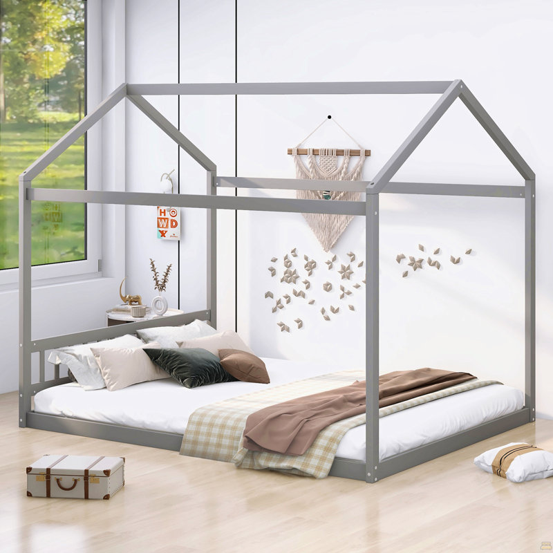 Lit cabane en bois Queen Size avec tête de lit, gris, Grey