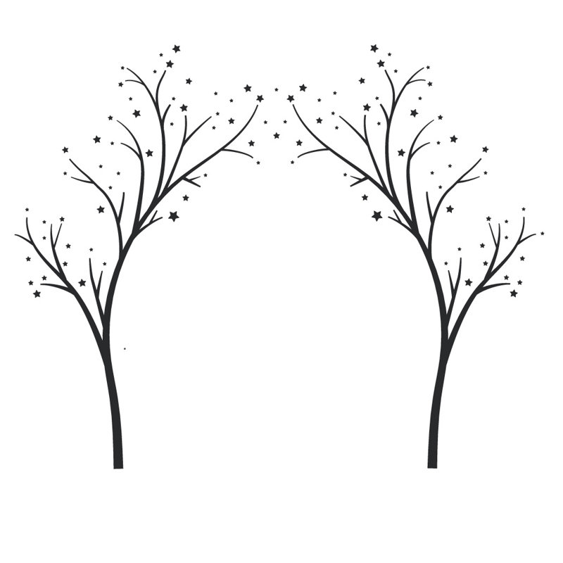 Décalcomanie murale arbres étoiles, H 60 po x l 74 po x P 0,01 po, Noir