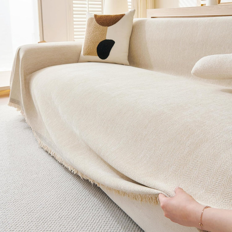 Chenille Box Cushion Sofa Slipcover, 180 cm H x 230 cm W, Beige