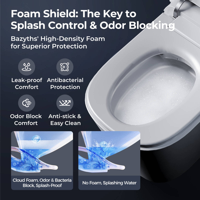 Bazyths Smart Toilet With Bidet, 4-second Quiet Flush, Foam Shield, Adjustable Ambient Lighting, Auto Open/close Lid, Dual Memory, Built-in Tank, Foot Sensor, Heated Seat, One-piece Elongated Design, 12 in. Rough In