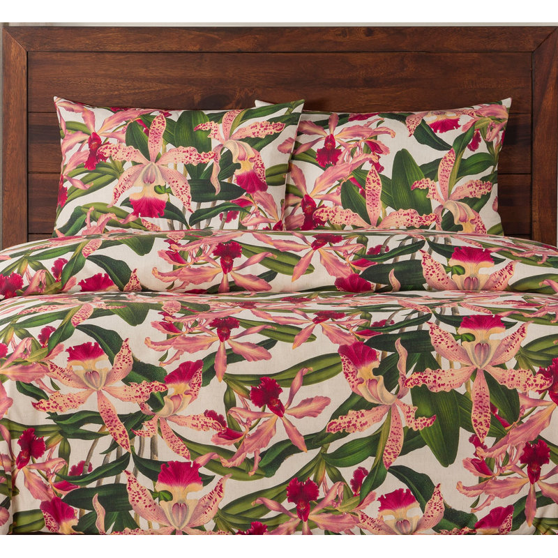 Pink Orchid Print Duvet Cover Set, King Duvet Cover + 2 King Shams