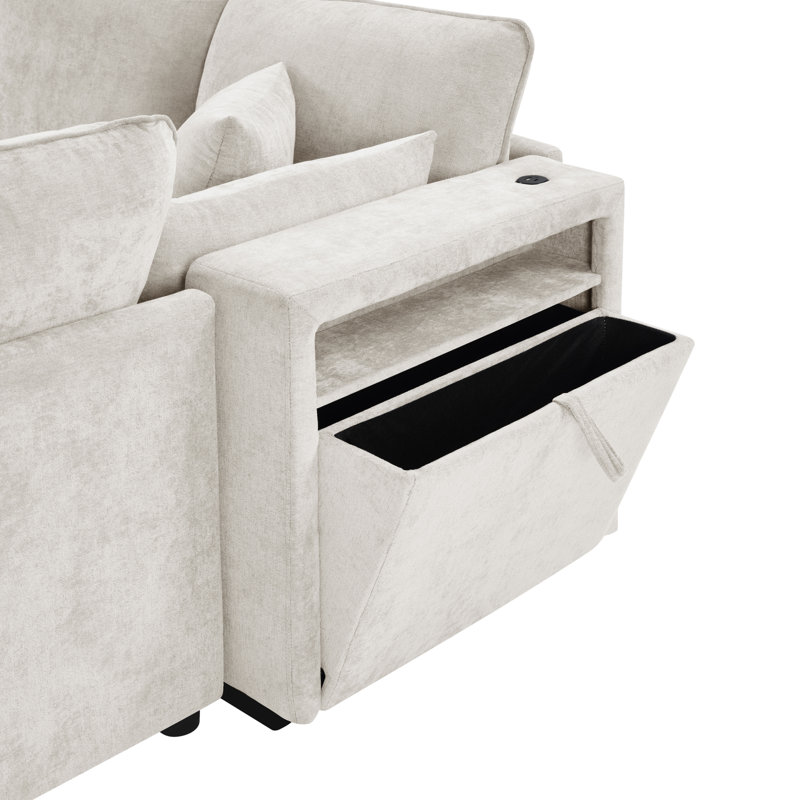 Canapé modulaire spacieux avec rangement, chenille beige, confort à la maison