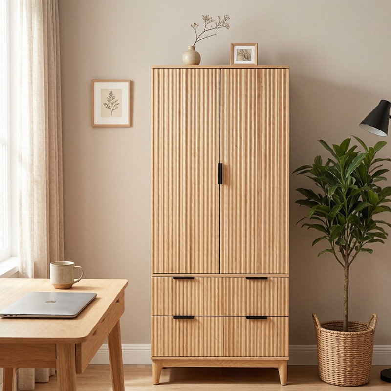 Armoire de cuisine de 183 cm (72 po) avec portes et tiroirs, armoire cannelée avec étagères réglables pour la cuisine, la salle à manger ou l'entrée, chêne