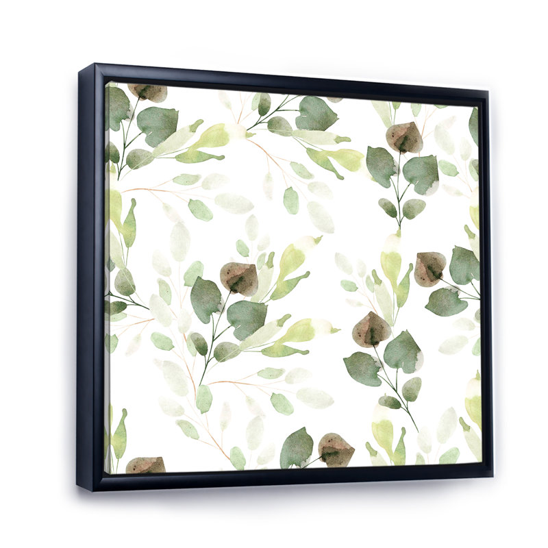Feuilles vertes sur fond blanc - peinture sur toile, H 37 po x l 37 po x P 1,5 po, Cadre noir