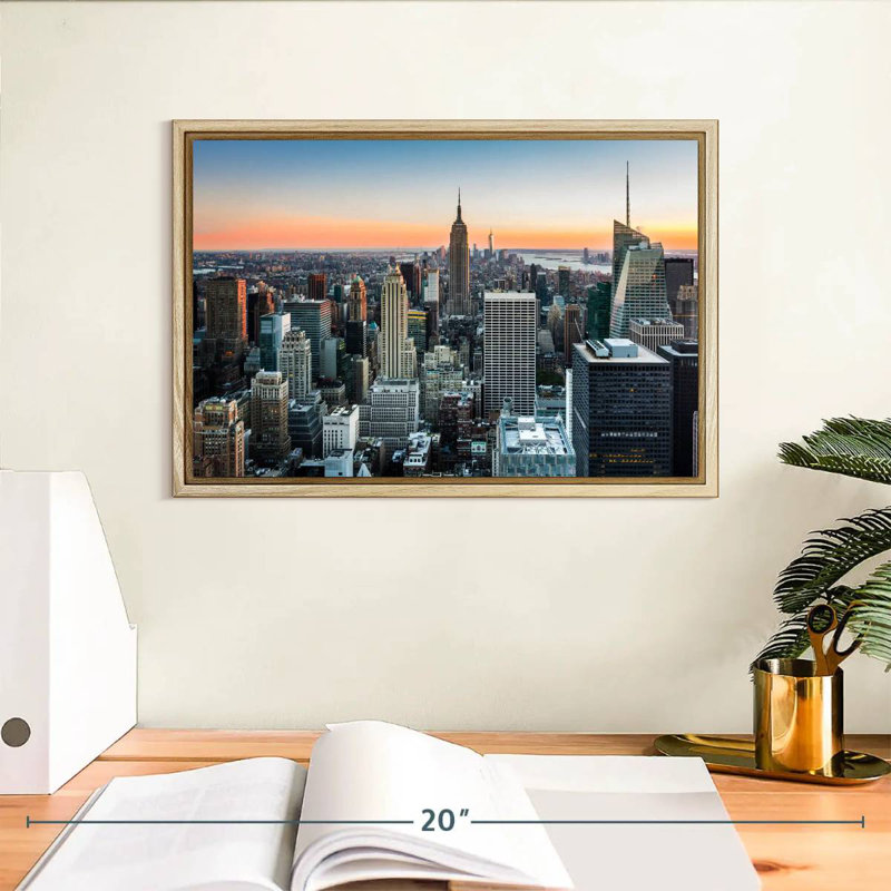 New York au coucher du soleil, Cadre flottant en bois naturel, 13 po x 9 po