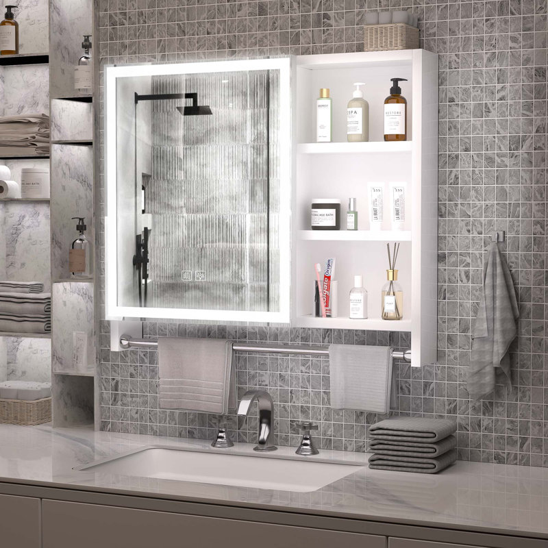 Armoires de salle de bain modernes en aluminium 32 po x 28 po, armoires à pharmacie avec miroirs et lumières DEL, casiers de salle de bain avec compartiments de rangement à plusieurs niveaux et porte-serviettes