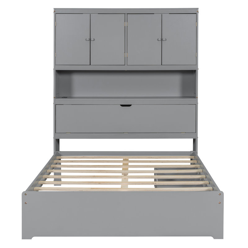 Lit plateforme double en bois avec USB, tête de lit et tiroirs de rangement, Gris