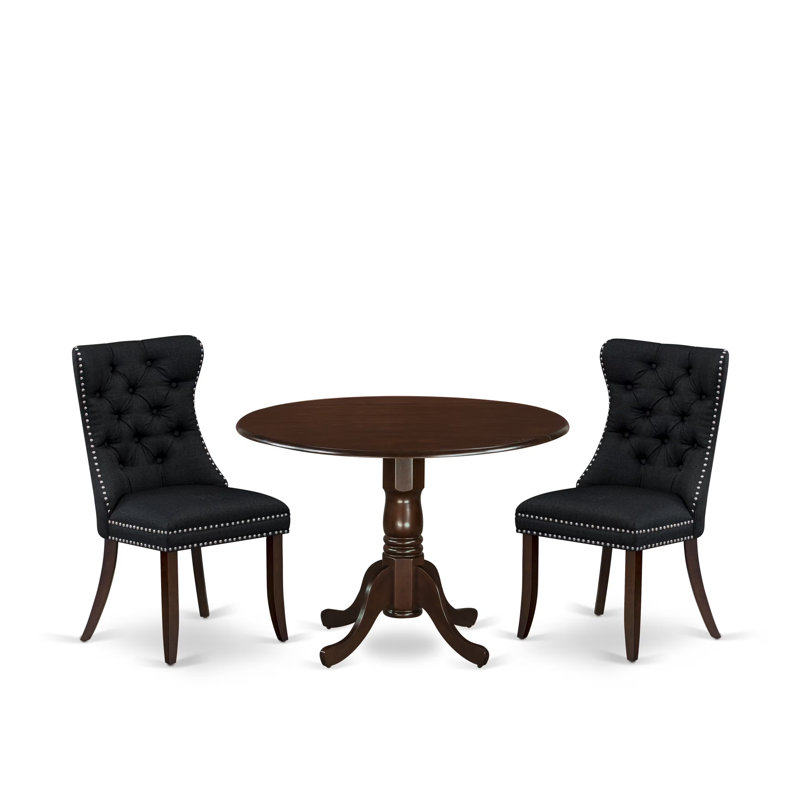 3 Piece Dining Table Set Includes a Round Kitchen Table with Dropleaf and 2 Padded Chairs, Mahogany, Black, Black/Brown