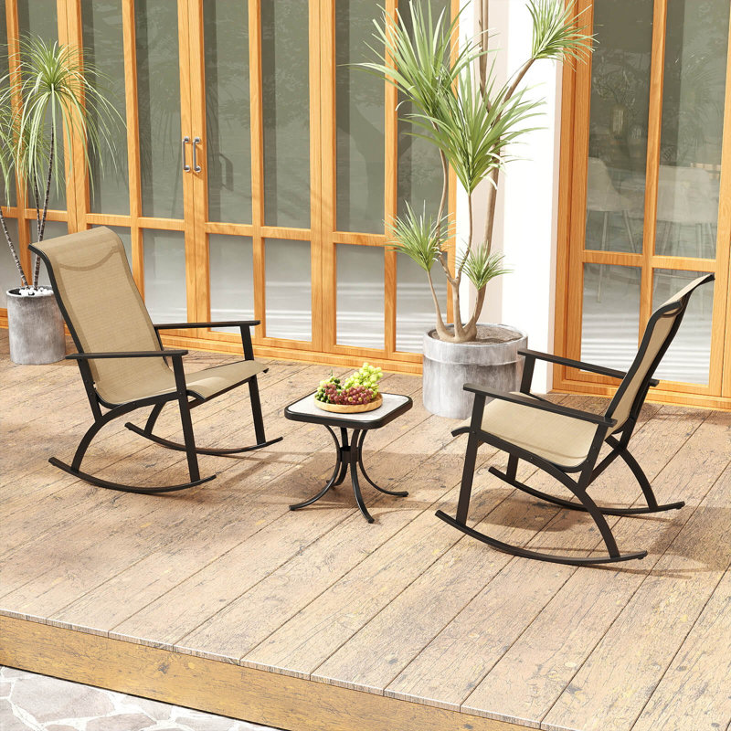 Ensemble de 3 chaises berçantes de patio avec dossier haut et table basse en bois-plastique