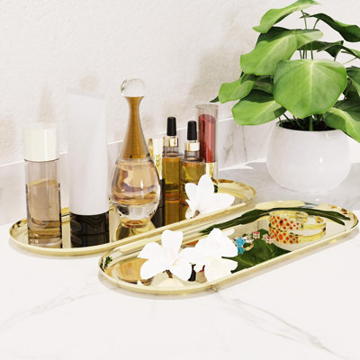Oval Golden Decorative Tray, Vanity And Bathroom Organizer For Jewellery, Perfume, Candles, And Keys