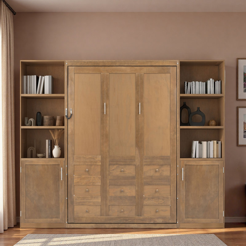 Lit escamotable en bois avec tablettes et armoires de rangement