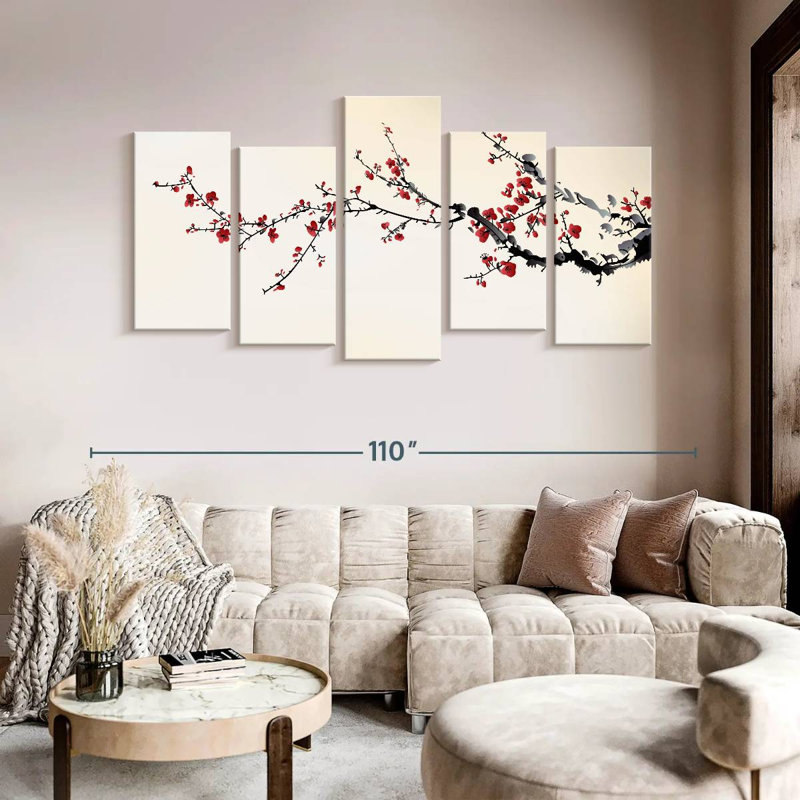 Red Japanese Blossoms Wall Art Multi Piece Canvas Print, H 48 po x l 94 po x P 1,25 po