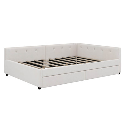 Upholstered Platform Bed With USB And 2 Drawers, Linen Upholstered Daybed, No Box Spring Needed