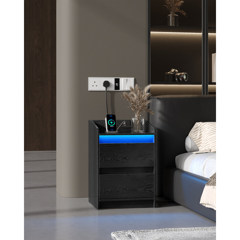 Bedside Table with LED Lights, Bedside Cabinet with Charging Station and 2 Drawers, Nightstand with USB Ports & Power Outlet, Nightstand for Living Room and Bedroom 