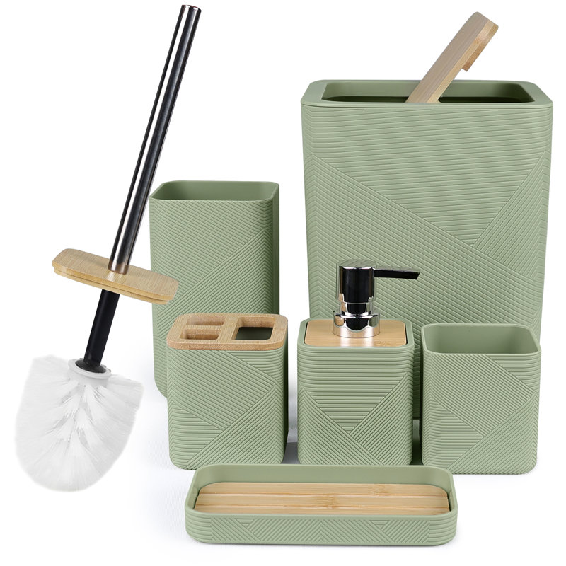 Bathroom Accessories Set 6 Piece Bamboo Bath Ensemble Includes Soap Dispenser, Toothbrush Holder, Toothbrush Cup, Soap Dish For Decorative Countertop And Housewarming Gift