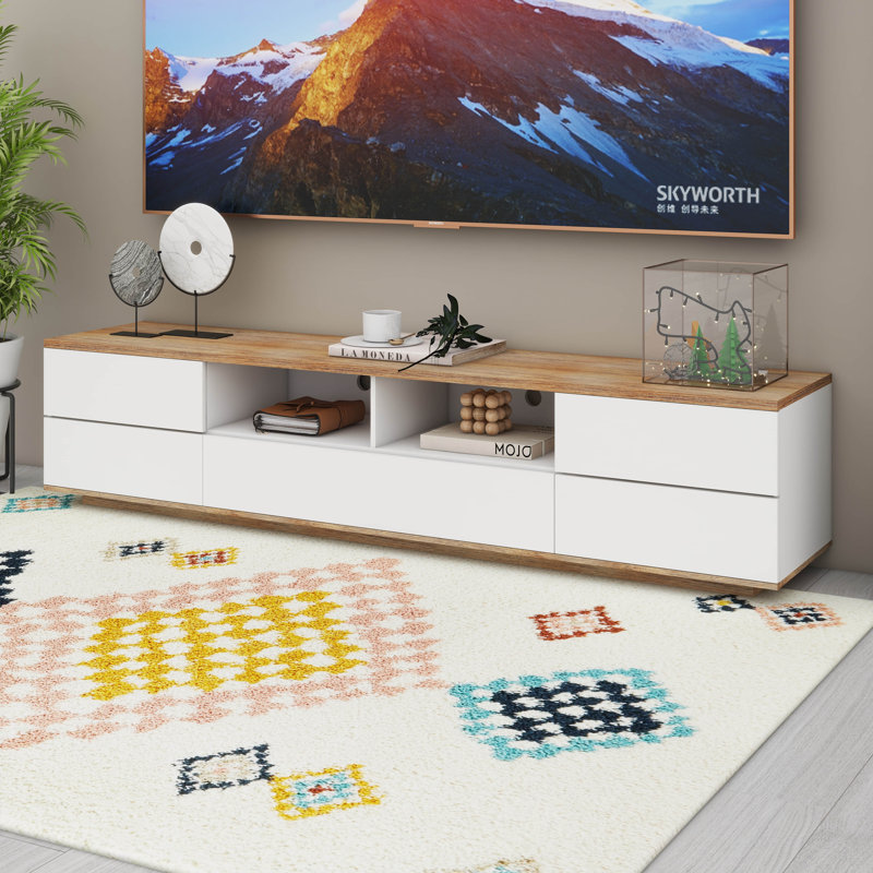 Modern TV Stand, Media Console Table With Multi-Functional Storage, White/Natural