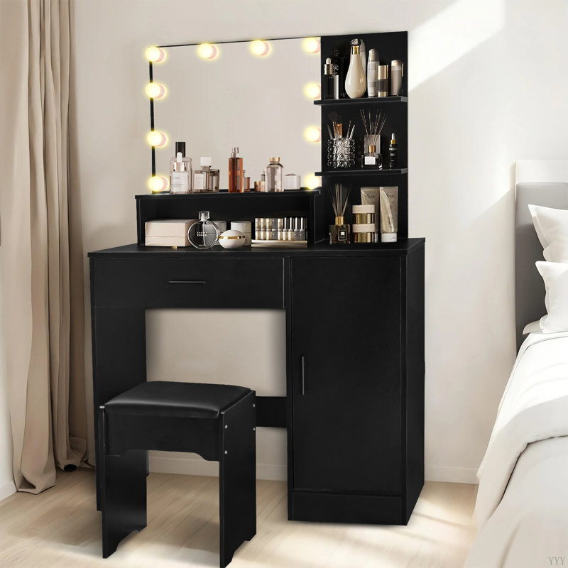 Bureau de coiffeuse avec miroir et lumières, coiffeuse de maquillage avec tiroir et armoire de rangement, 3 couleurs d'éclairage réglables, coiffeuse avec tablettes ouvertes pour la chambre à coucher, vestiaire
