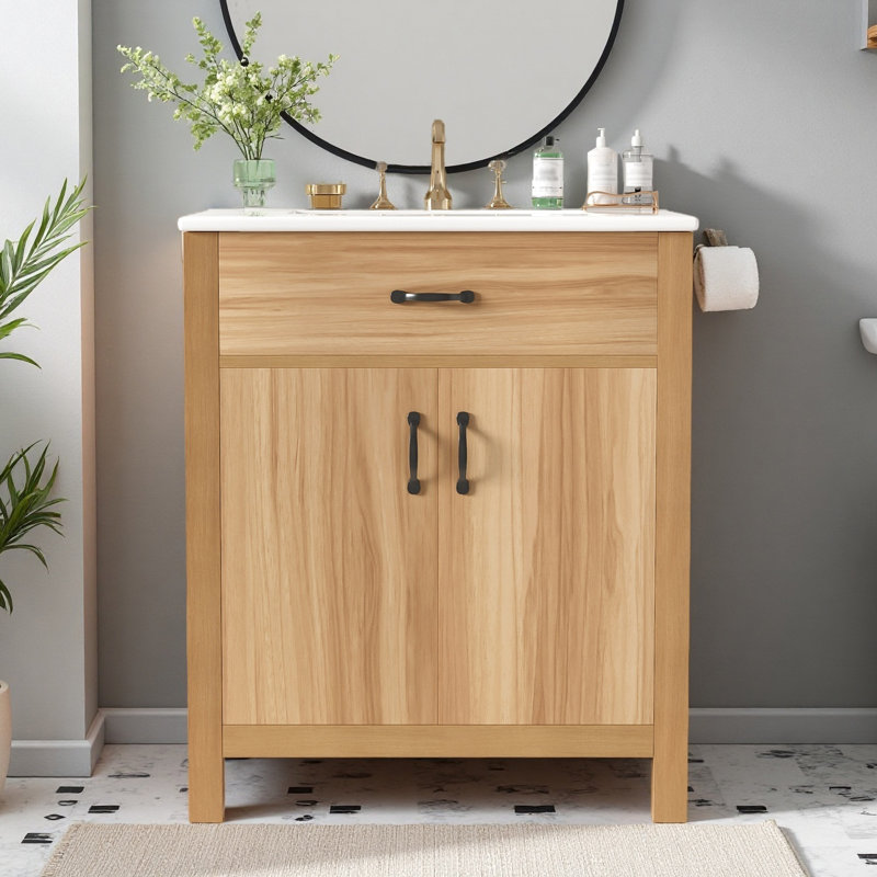 Meuble-lavabo simple avec comptoir en céramique, structure en bois massif, tiroir rabattable et 2 portes à fermeture en douceur