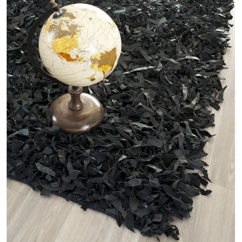 Tapis noir en cuir noué à la main Godsey, Carré 6 pi